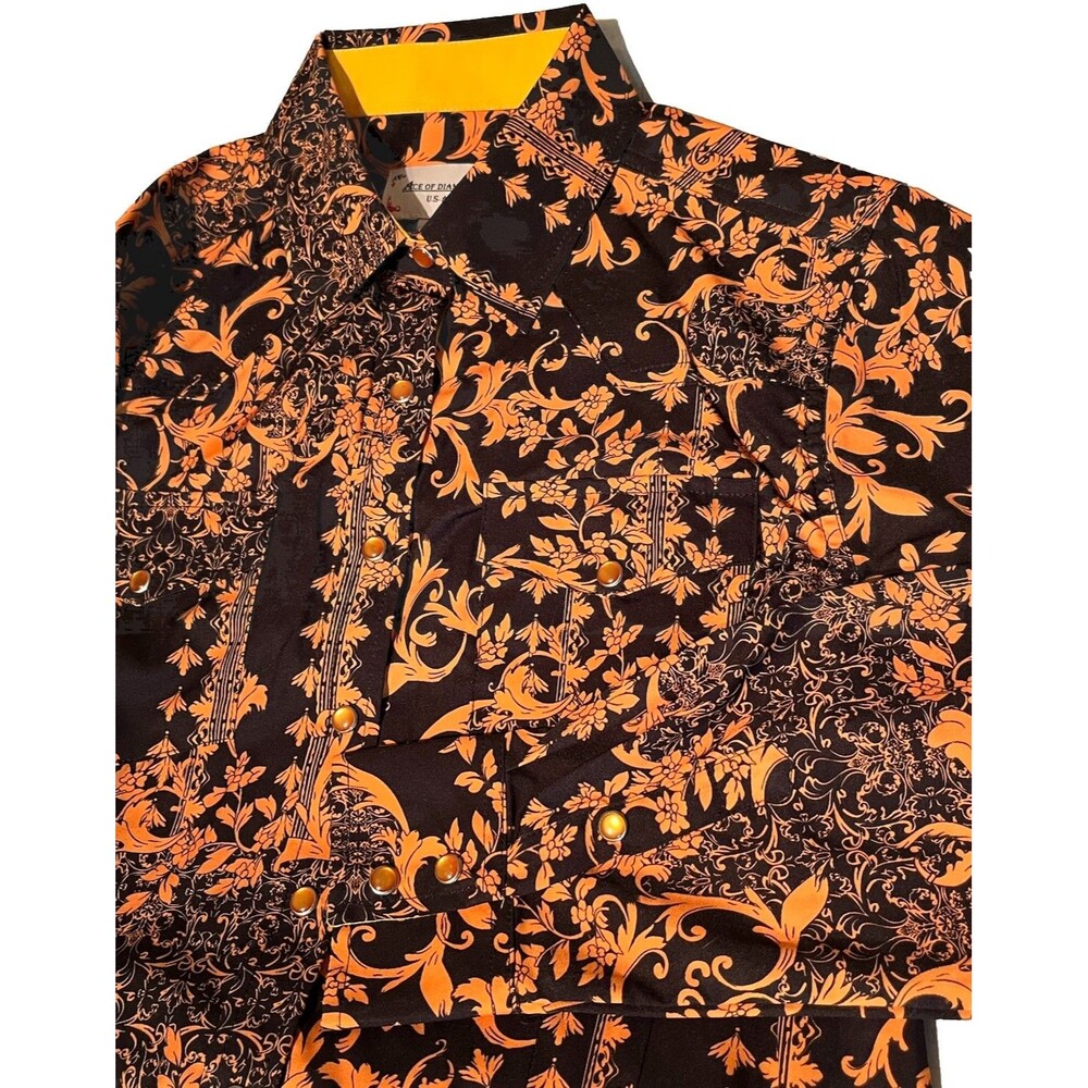 ACE of Diamond Women’s Western Snap Up Shirt Large Orange Black Floral Rodeo NEW - Picture 6 of 10